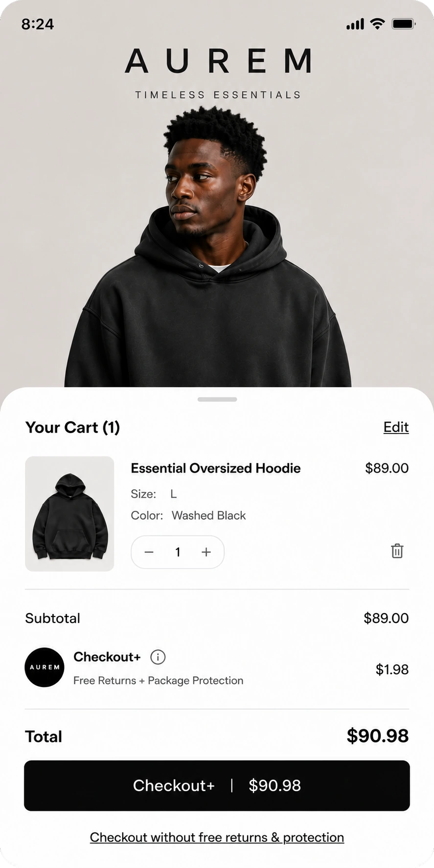 Checkout+ cart on a Shopify store, showing shipping protection and return coverage added to the order