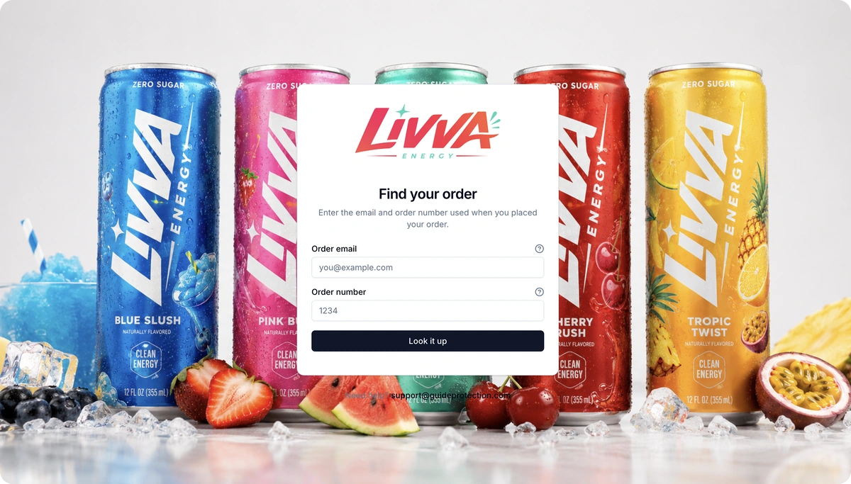 A claim lookup form running on the Livva Energy storefront, carrying the merchant's own logo, photography and typography with no Guide branding